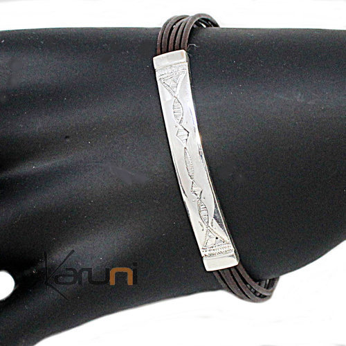 Engraved Leather Sterling Silver Bracelet 3072