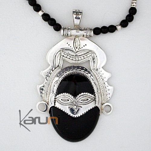 Necklace Sterling Silver  Onyx Goddess Black Oval Tuareg Tribe Design 09