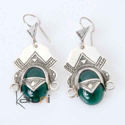 Earrings Sterling Silver  Desert Goddess Head Green Agate Tuareg Tribe Design 12