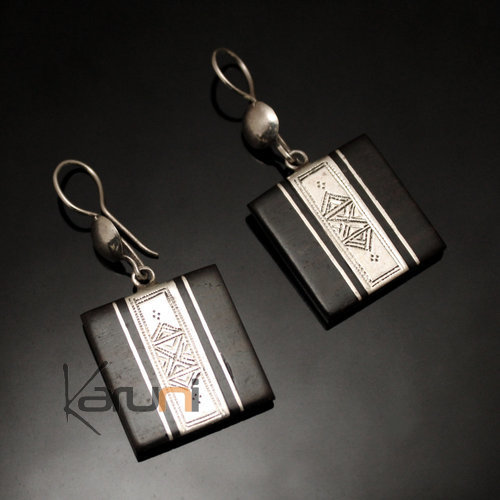 Ethnic Earrings Sterling Silver Jewelry Ebony Square Engraved Vertical Strip Tuareg Tribe Design 42