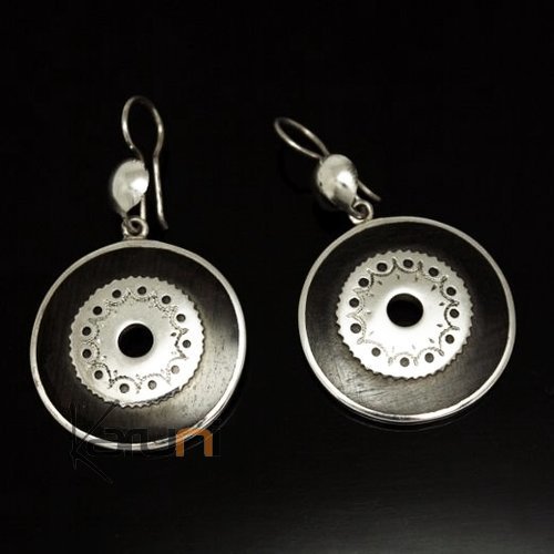 Earrings Sterling Silver  Engraved Ebony Engraved Hollowed Rounds Tuareg Tribe Design 03