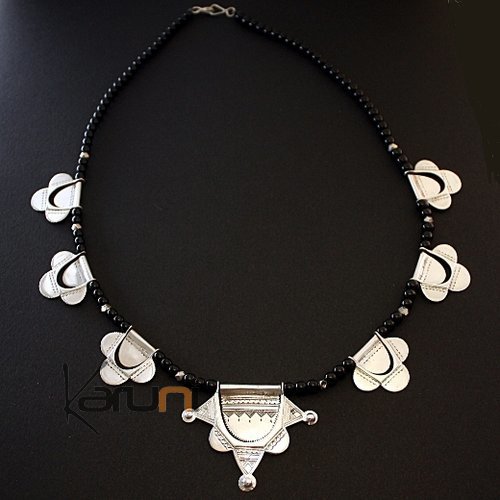 Necklace Sterling Silver  Star and Black Beads Tuareg Tribe Design  KARUNI