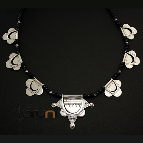 Necklace Sterling Silver  Star and Black Beads Tuareg Tribe Design  KARUNI
