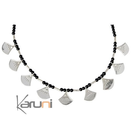 Ethnic Necklace Sterling Silver Jewelry Lotus Shat-Shat Black Beads Tuareg Tribe Design 2