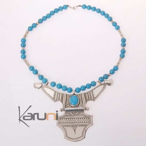 Necklace Sterling Silver  Big Houmeini Turquoise Tuareg Tribe Design 1