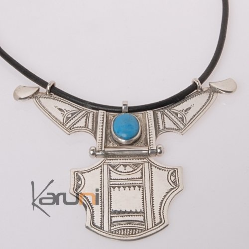 Necklace Sterling Silver  Big Houmeini Turquoise Tuareg Tribe Design 3