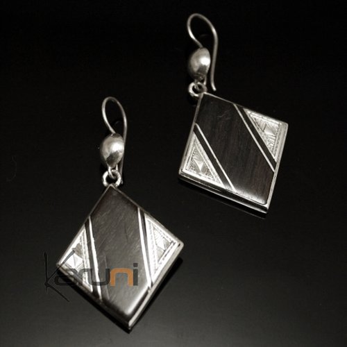 Ethnic Earrings Sterling Silver Jewelry Ebony Diamond Engraved Triangles Tuareg Tribe Design 44