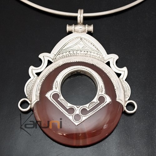 African Necklace Pendant Sterling Silver   Goddess Head Red Agate Big Round Tuareg Tribe Design 30