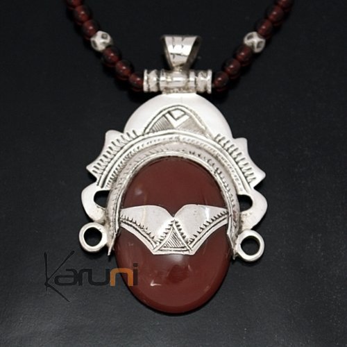 Ethnic Necklace Sterling Silver Jewelry Agate Goddess Brown Orange Oval Tuareg Tribe Design 2