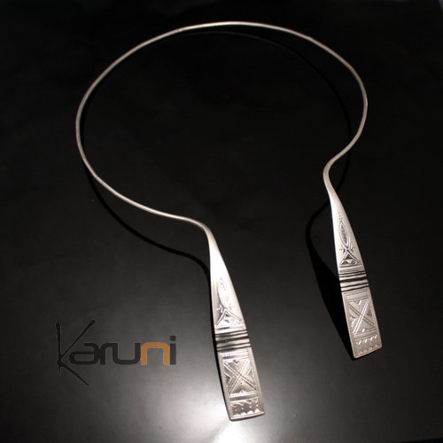 Ethnic Jewelry Choker Necklace Sterling Silver and Ebony Engraved Long Torque Tuareg Tribe Design Karuni
