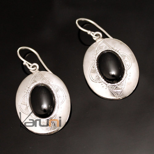 Ethnic Earrings Sterling Silver Jewelry Big Ovals Black Onyx Tuareg Tribe Design 14
