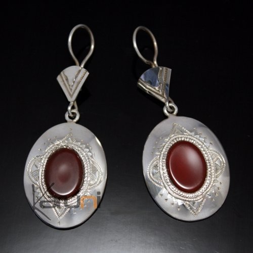 Tuareg silver earrings - oval brown agate