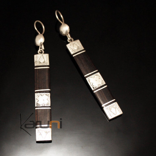 Ethnic Earrings Sterling Silver Jewelry Ebony Long Engraved Rectangle 3 Strips Tuareg Tribe Design 30
