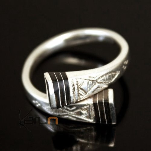 Ethnic Jewelry Ring Sterling Silver Ebony switch Crossed Engraved Adjustable Tuareg Tribe Design 02 KARUNI