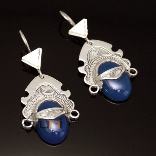Ethnic Earrings Sterling Silver Jewelry Desert Goddess Head Blue Agate Tuareg Tribe Design 12