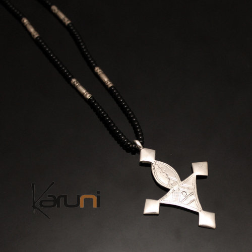 Ethnic Southern Cross Necklace Sterling Silver Jewelry Black Onyx Beads from Bagazen Niger Tuareg Tribe Design 01