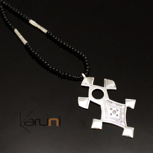 Ethnic Southern Cross Necklace Sterling Silver Jewelry Black Onyx Beads from Inabagret Niger Tuareg Tribe Design 03
