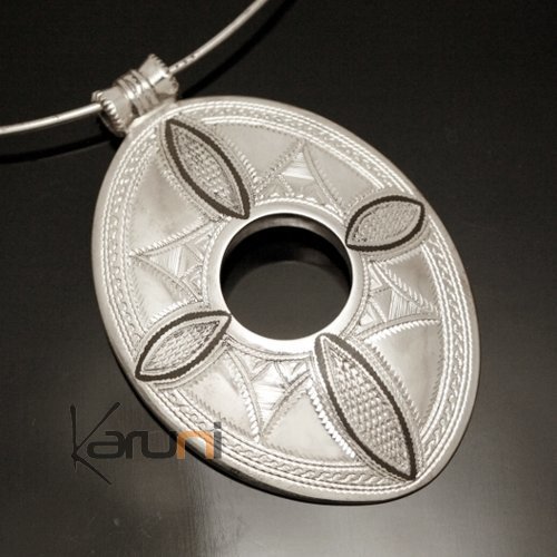 African Necklace Pendant Sterling Silver Ethnic Jewelry Engraved Big Marquise Cut Tuareg Tribe Design 10