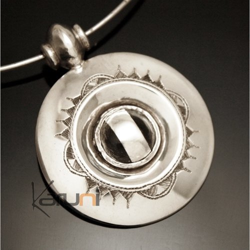 African Necklace Pendant Sterling Silver Ethnic Jewelry Ebony Engraved Round Tuareg Tribe Design 02