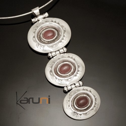African Necklace Pendant Sterling Silver Ethnic Jewelry Red Agate Three Ovals Tuareg Tribe Design 10